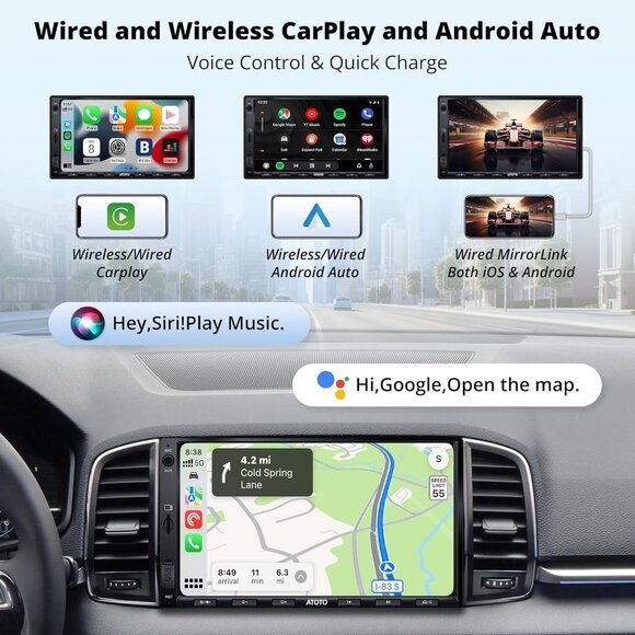 NIB. Double Din Car Stereo/Wireless CarPlay & Android Auto, 7" QLED Screen - Picture 4 of 8